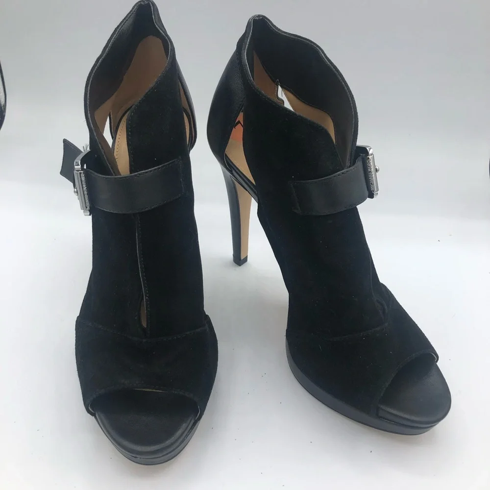 Michael Michael Kors Size 7 Black Leather Suede Isabella Open Toe Booties - Picture 2 of 8